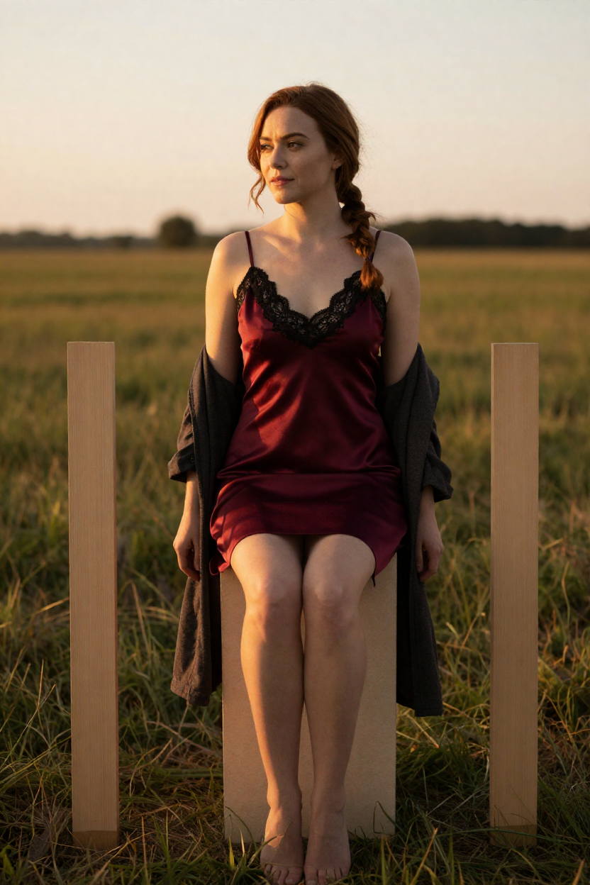 Boudoir portrait of Petra, a fictional twenty-nine-year-old woman with auburn hair in a loose side braid,